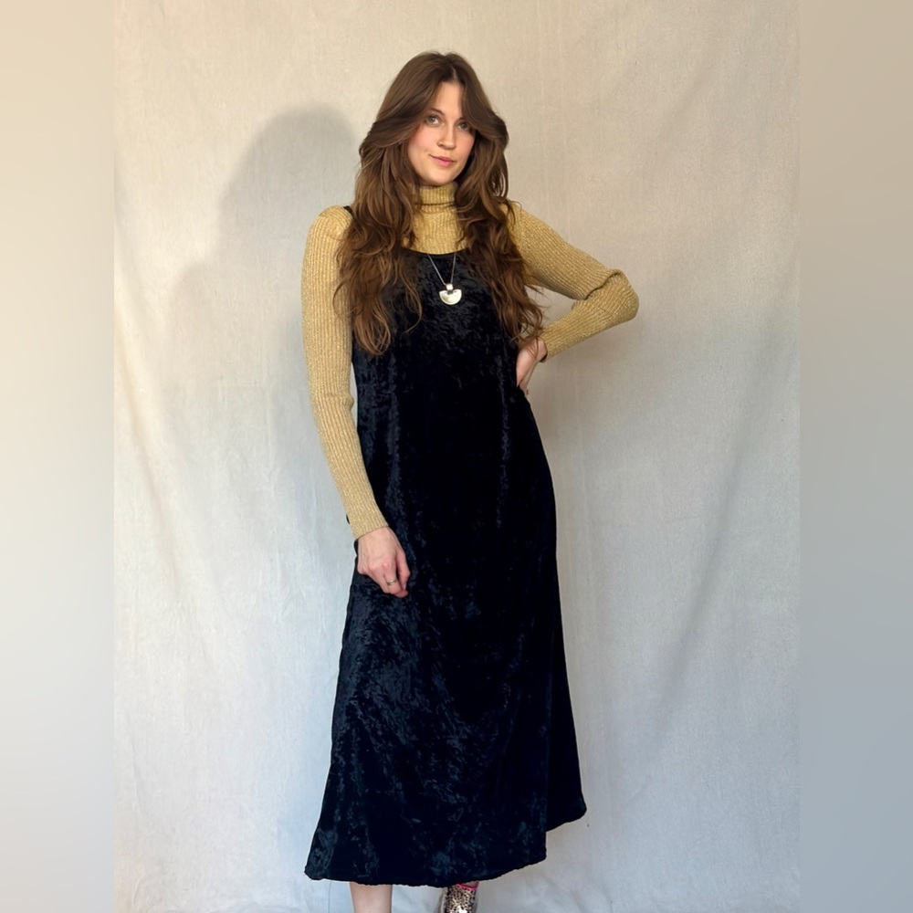 90s Black Strappy Crushed Velvet Maxi Dress